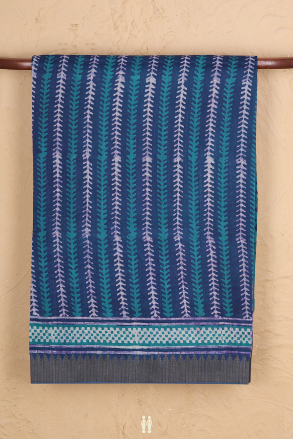 Printed Mangalagiri Cotton Saree In Blue With Stripes Design