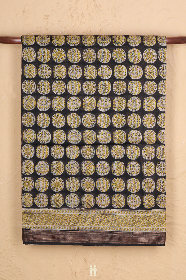 Printed Mangalagiri Cotton Saree In Black With Circle Motifs