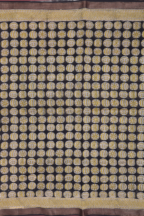 Printed Mangalagiri Cotton Saree In Black With Circle Motifs