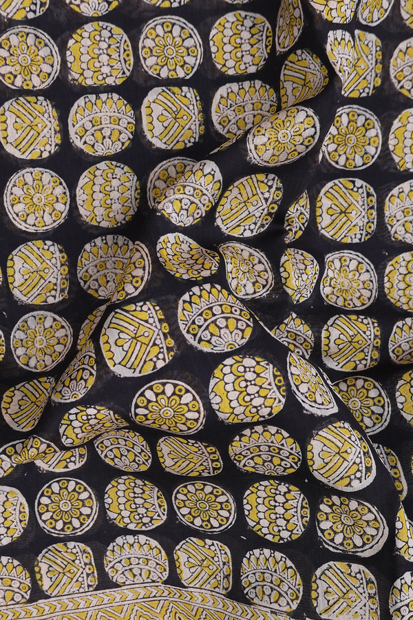 Printed Mangalagiri Cotton Saree In Black With Circle Motifs