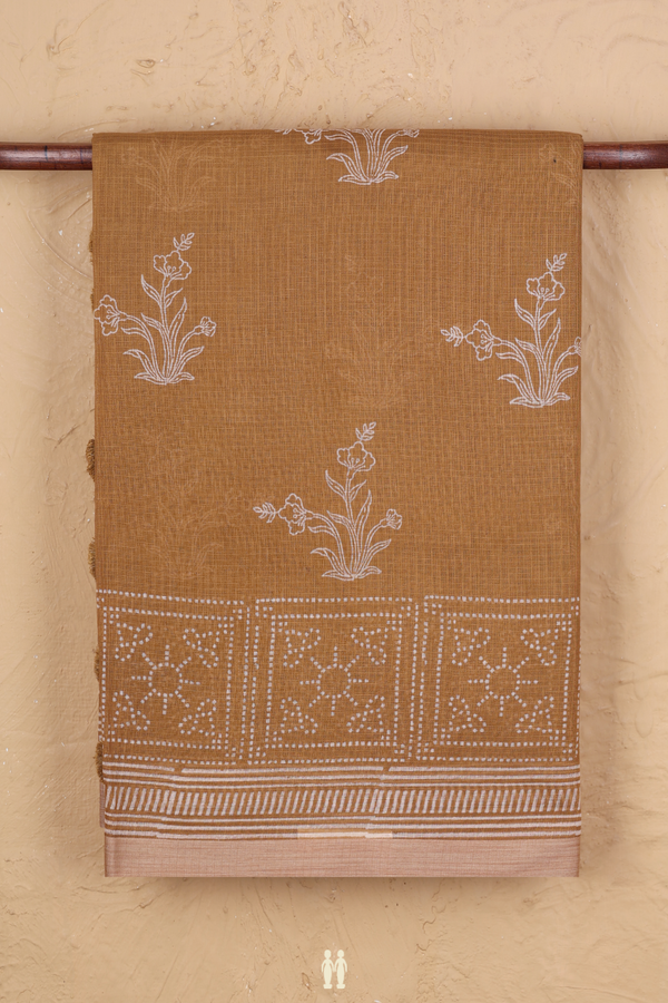 Kota Cotton Saree In Golden Brown With Floral Design
