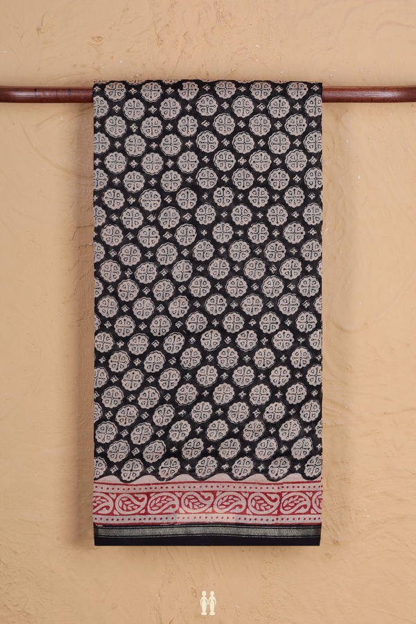 Chanderi Cotton Saree In Black With Printed Design