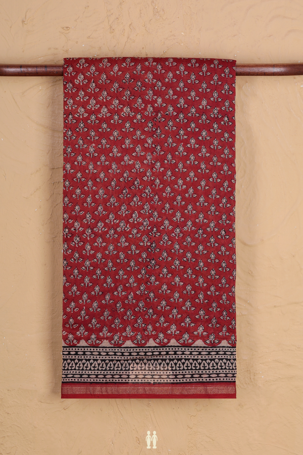 Chanderi Cotton Saree In Brick Red With Printed Design