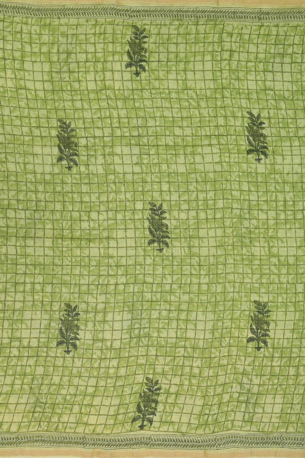 Chanderi Cotton Saree In Green With Checks Design