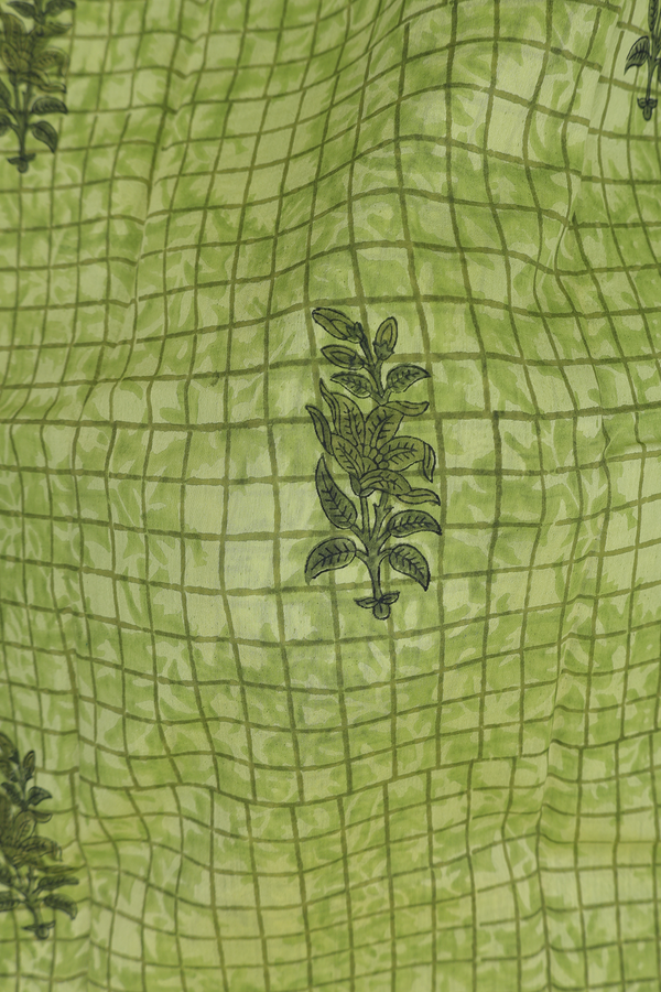 Chanderi Cotton Saree In Green With Checks Design