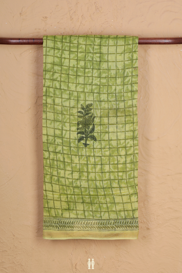 Chanderi Cotton Saree In Green With Checks Design