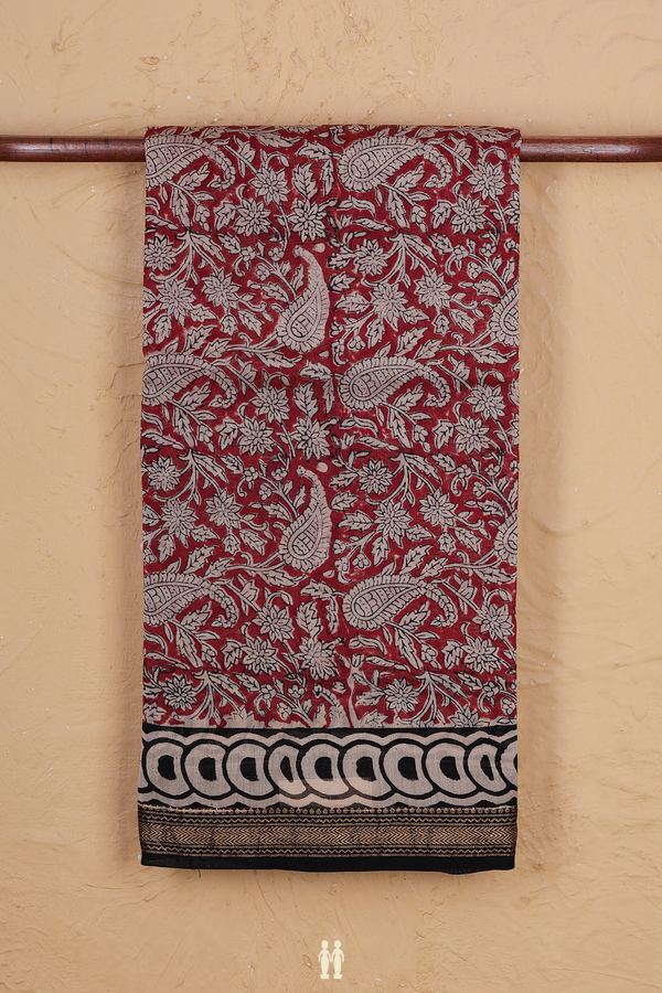 Chanderi Cotton Saree In Red With Paisley Printed Design