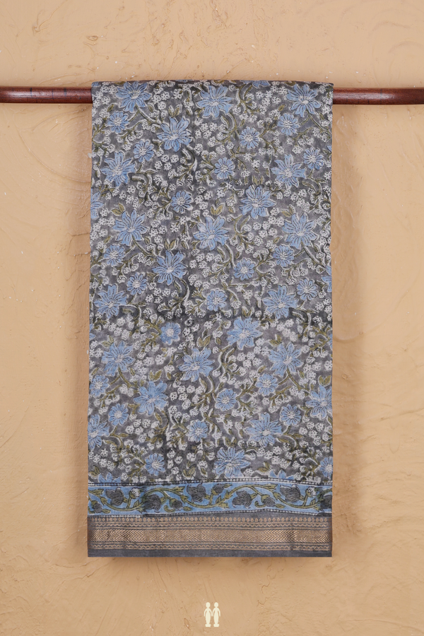 Chanderi Cotton Saree In Grey With Floral Printed Design