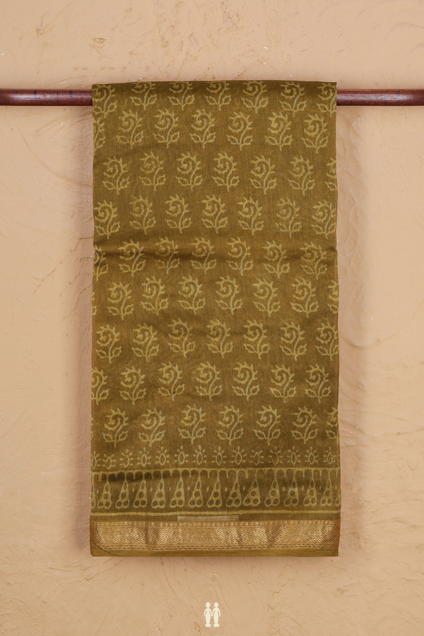 Chanderi Cotton Saree In Greenish Brown With Printed Design
