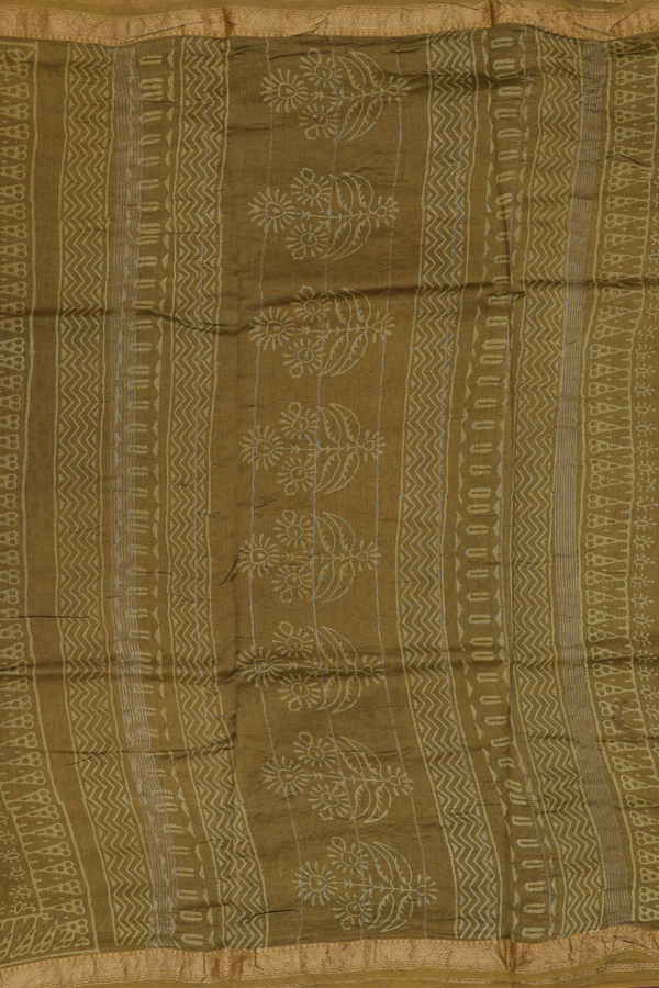 Chanderi Cotton Saree In Greenish Brown With Printed Design