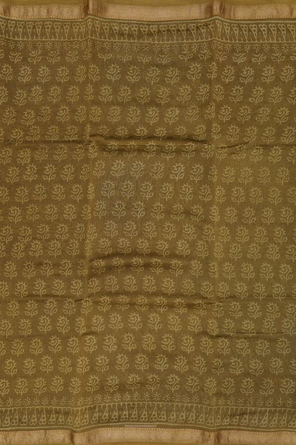 Chanderi Cotton Saree In Greenish Brown With Printed Design