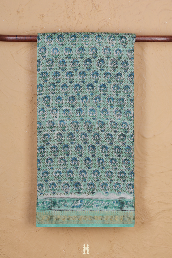Chanderi Cotton Saree In Seafoam Green With Floral Design