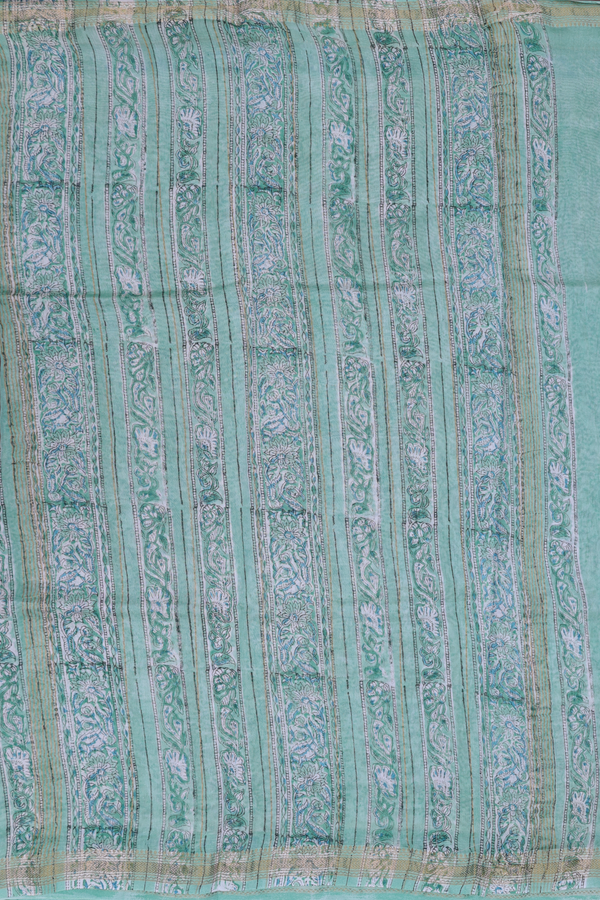 Chanderi Cotton Saree In Seafoam Green With Floral Design