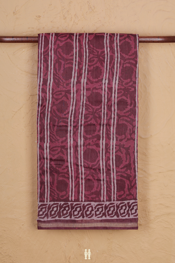 Chanderi Cotton Saree In Plum Brown With Stripes Design