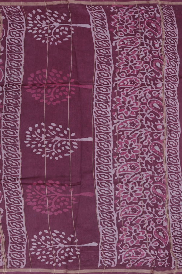 Chanderi Cotton Saree In Plum Brown With Stripes Design
