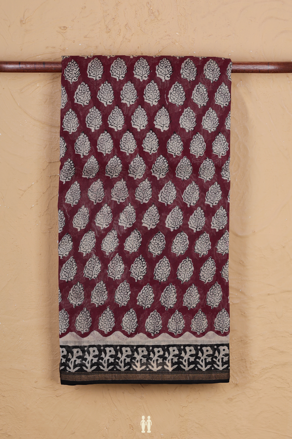 Chanderi Cotton Saree In Plum Brown With Floral Printed Design