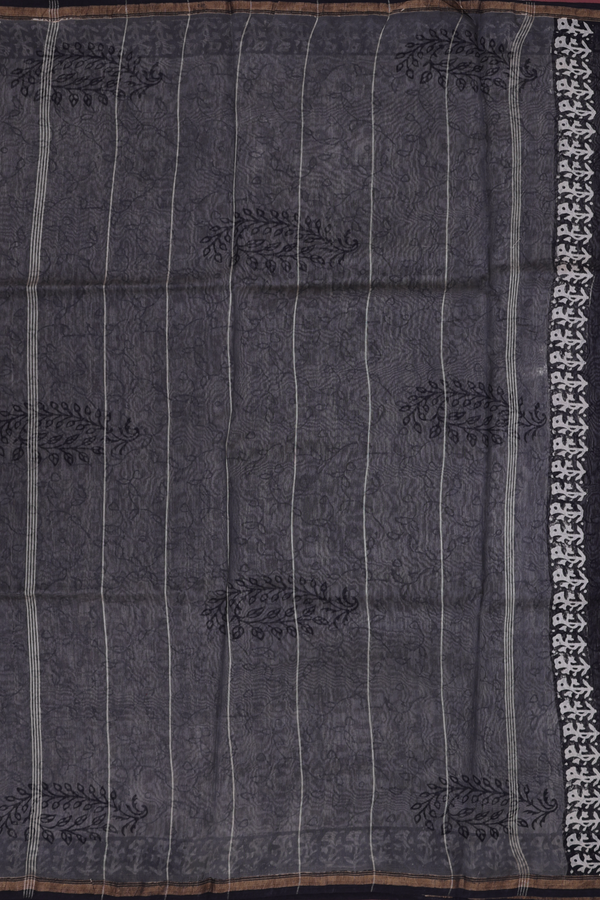 Chanderi Cotton Saree In Plum Brown With Floral Printed Design