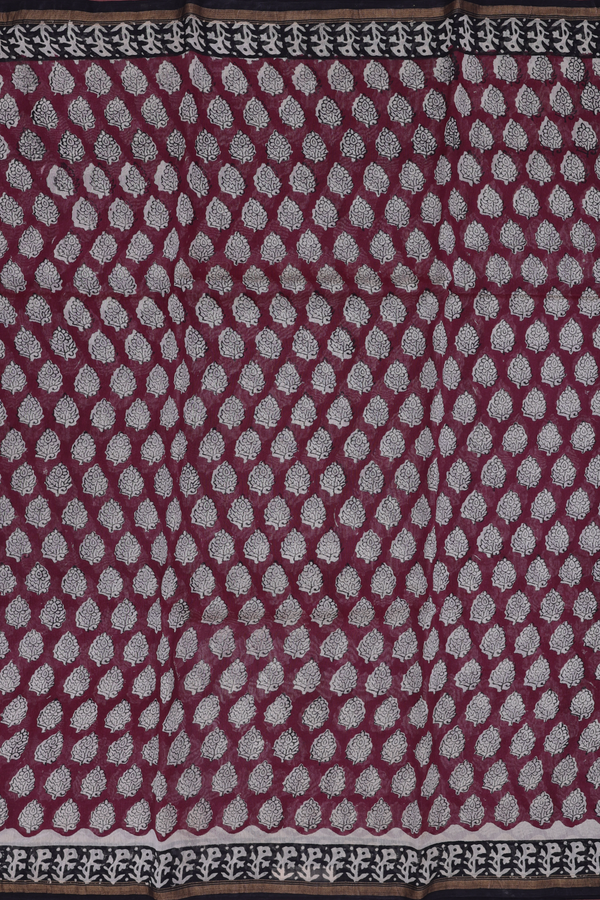 Chanderi Cotton Saree In Plum Brown With Floral Printed Design