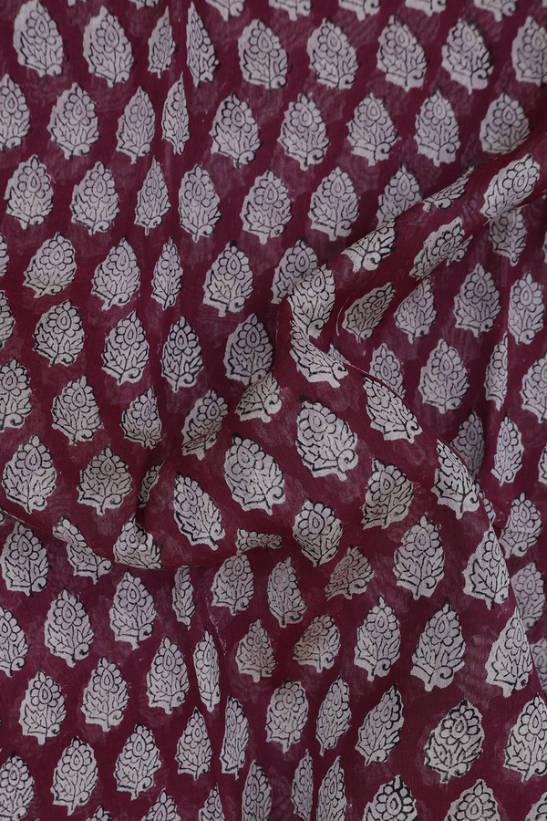 Chanderi Cotton Saree In Plum Brown With Floral Printed Design