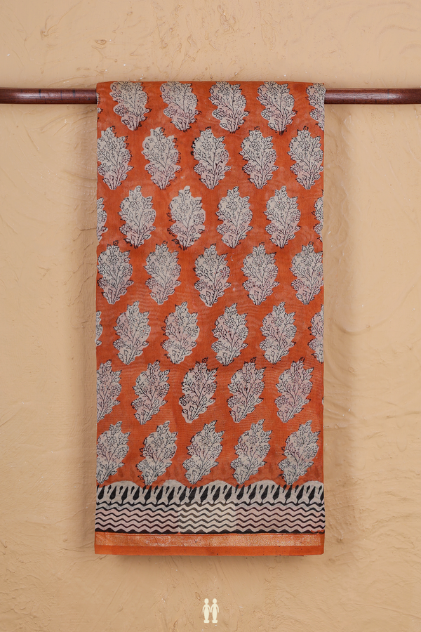 Chanderi Cotton Saree In Orange With Floral Design