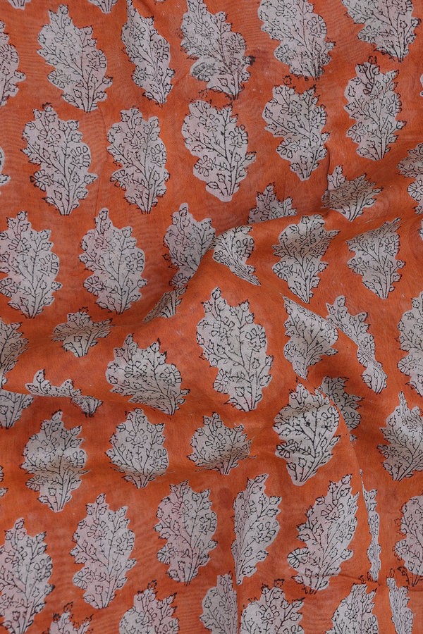 Chanderi Cotton Saree In Orange With Floral Design