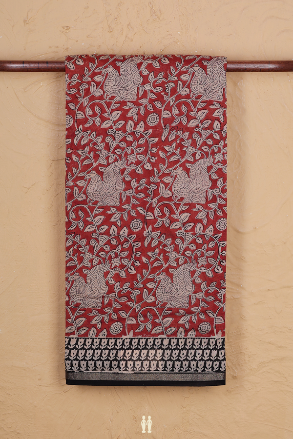 Chanderi Cotton Saree In Red With Peacock Design