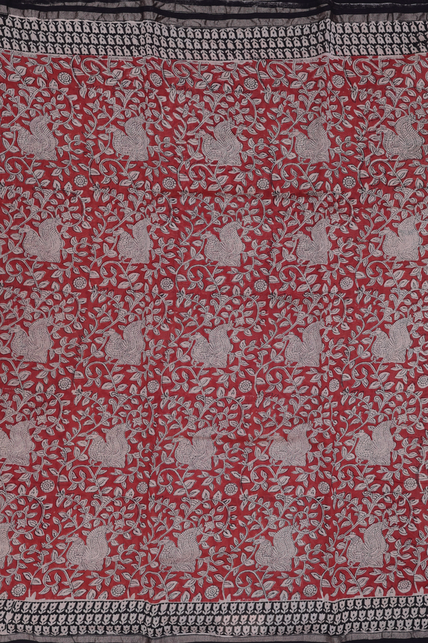 Chanderi Cotton Saree In Red With Peacock Design