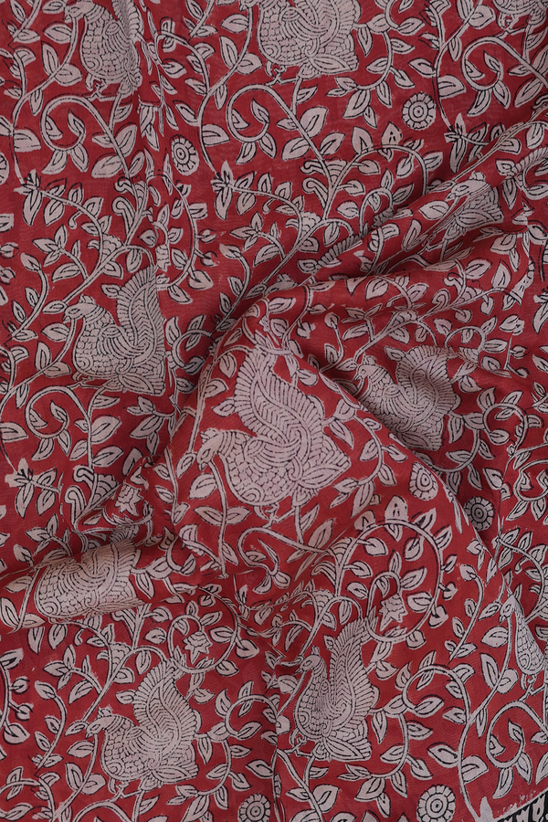 Chanderi Cotton Saree In Red With Peacock Design