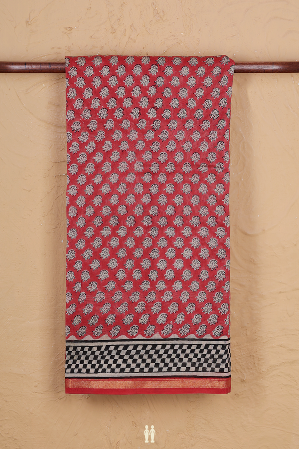Chanderi Cotton Saree In Red With Printed Design