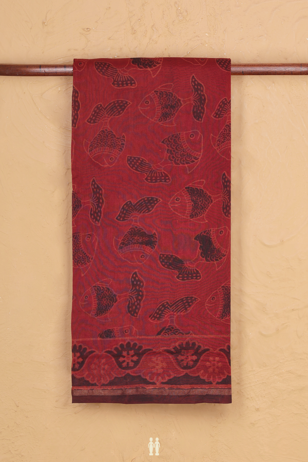 Chanderi Silk Cotton Saree In Rust Brown With Fish Design