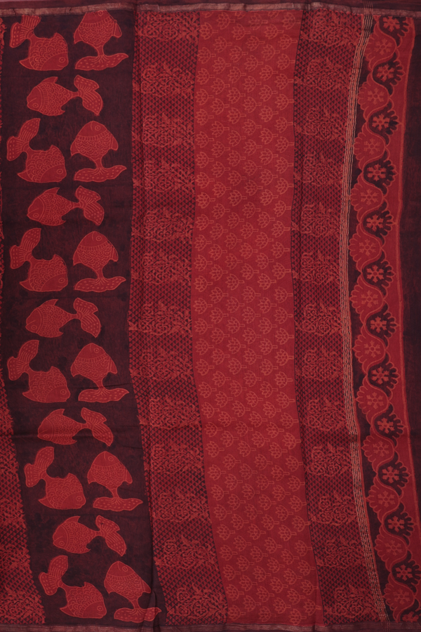 Chanderi Silk Cotton Saree In Rust Brown With Fish Design