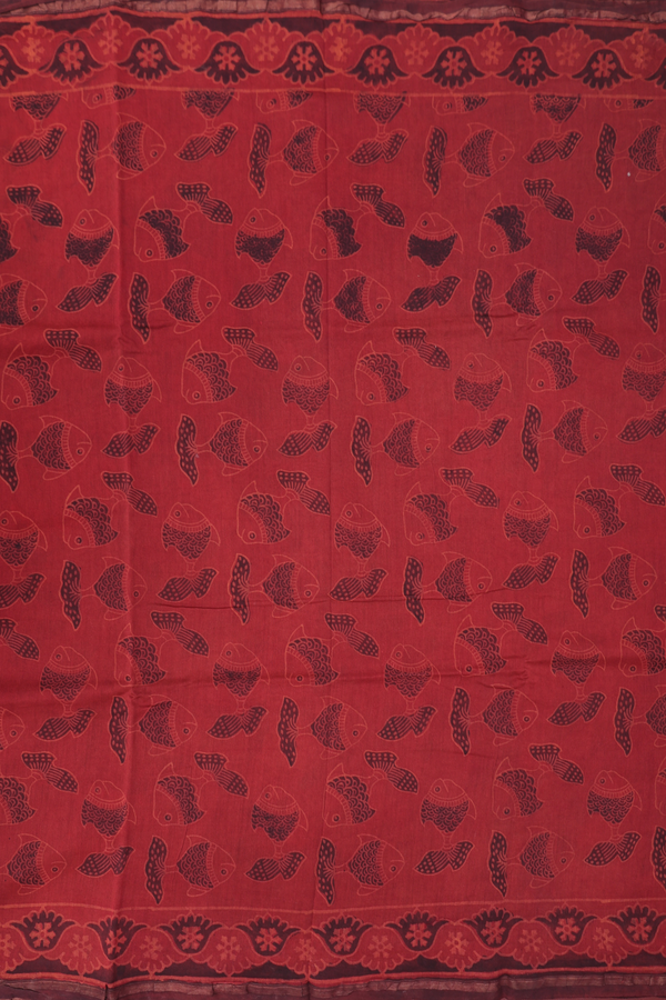 Chanderi Silk Cotton Saree In Rust Brown With Fish Design