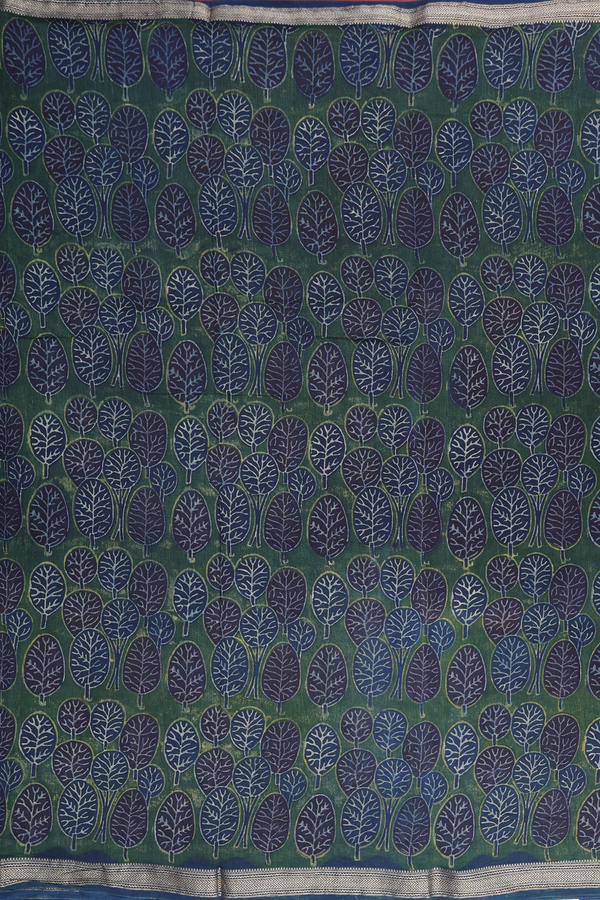 Chanderi Silk Cotton Saree In Green With Leaf Design