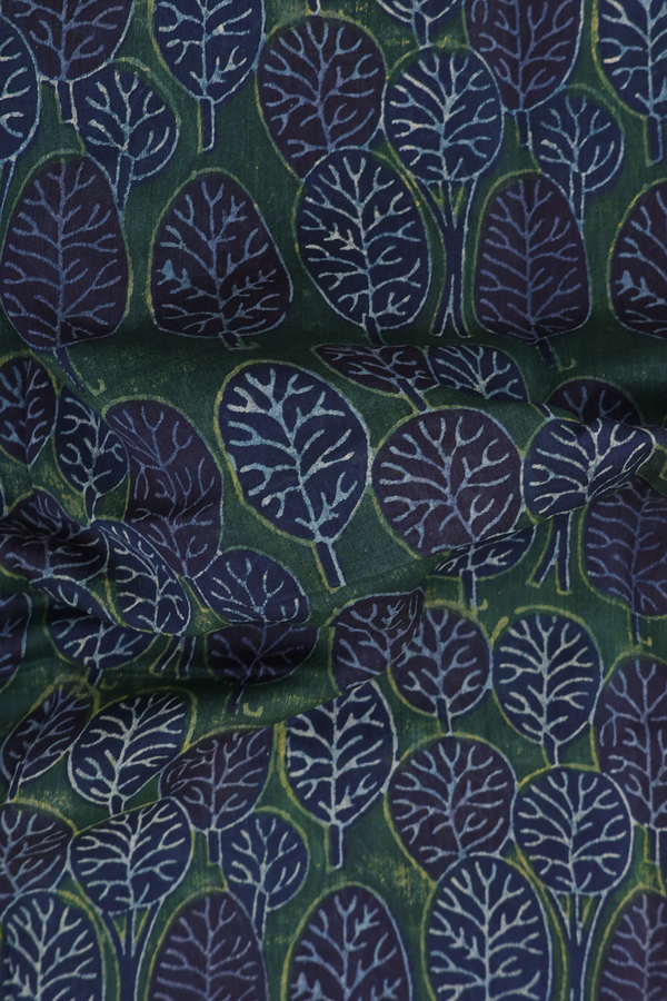 Chanderi Silk Cotton Saree In Green With Leaf Design