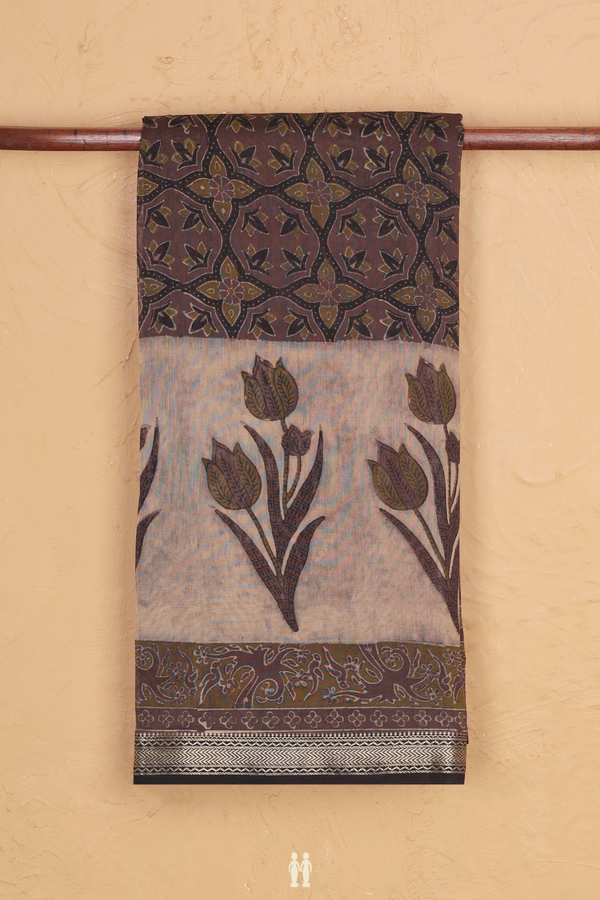 Chanderi Cotton Saree In Brown With Printed Design