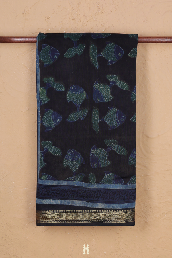 Chanderi Silk Cotton Saree In Black With Fish Design