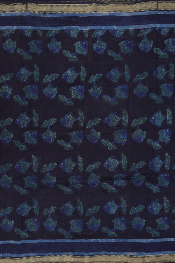 Chanderi Silk Cotton Saree In Black With Fish Design