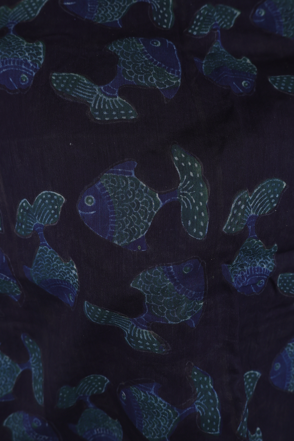 Chanderi Silk Cotton Saree In Black With Fish Design