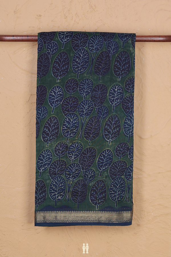 Chanderi Silk Cotton Saree In Green With Leaf Design