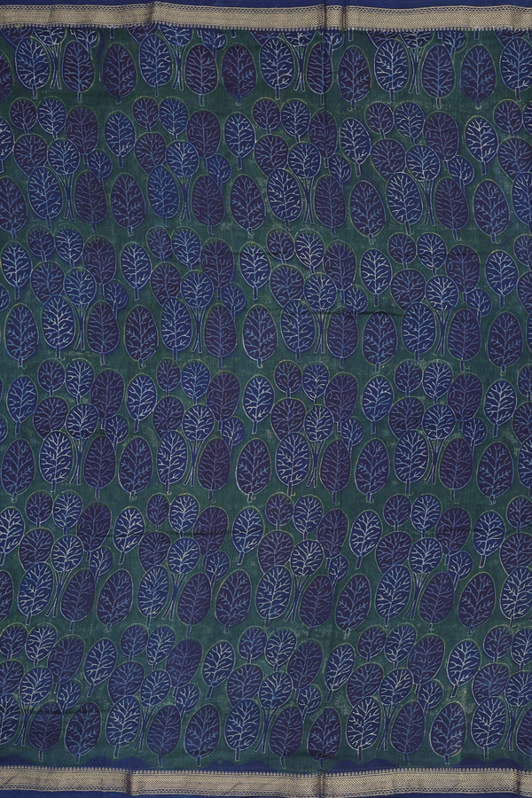 Chanderi Silk Cotton Saree In Green With Leaf Design