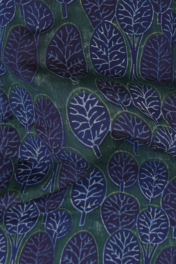Chanderi Silk Cotton Saree In Green With Leaf Design