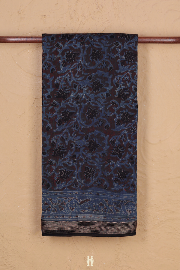 Chanderi Silk Cotton Saree In Dark Brown With Floral Design