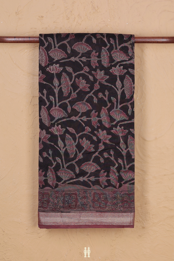 Chanderi Silk Cotton Saree In Black With Floral Design
