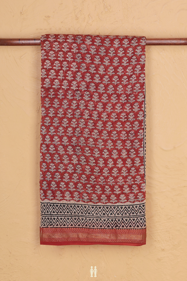 Chanderi Cotton Saree In Rust Brown With Floral Buttas