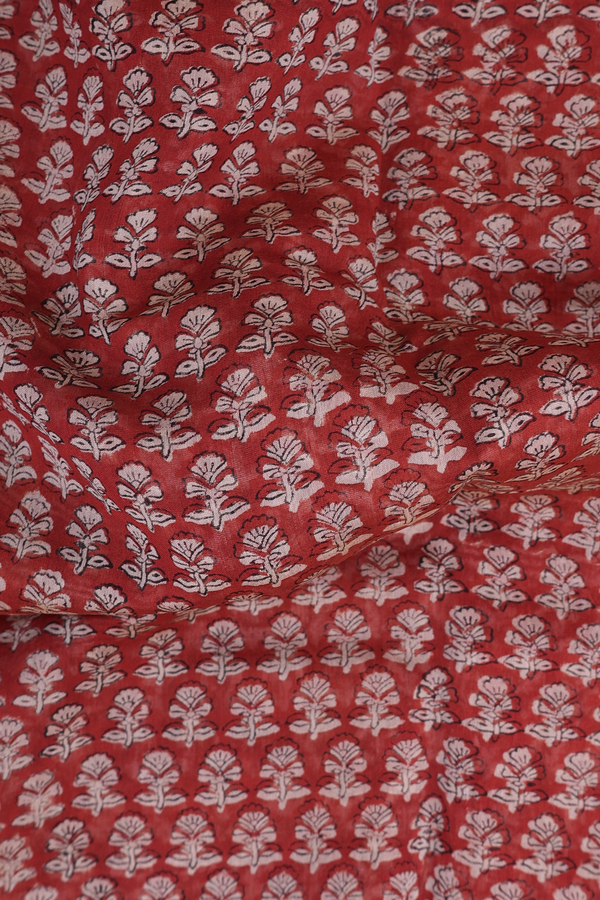 Chanderi Cotton Saree In Rust Brown With Floral Buttas