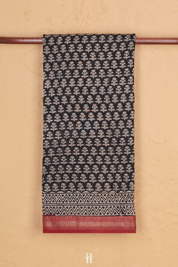 Chanderi Cotton Saree In Black With Floral Buttas