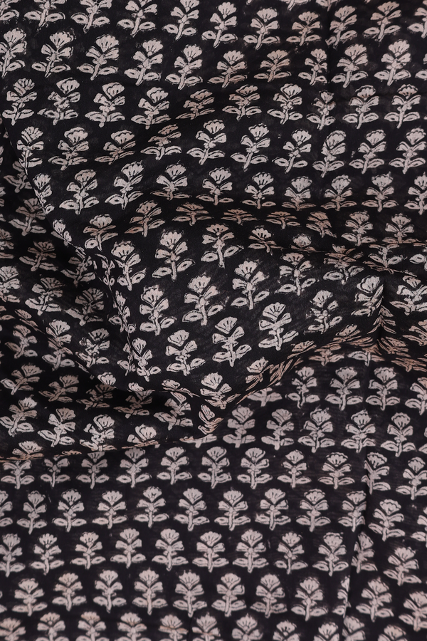 Chanderi Cotton Saree In Black With Floral Buttas