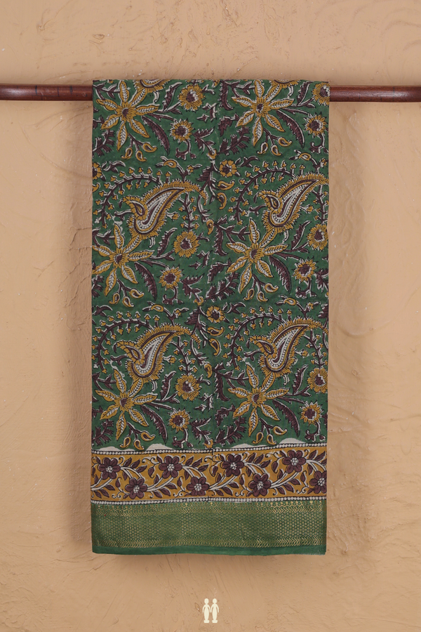 Chanderi Cotton Saree In Leaf Green With Paisley Design