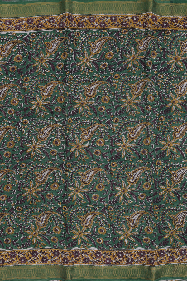 Chanderi Cotton Saree In Leaf Green With Paisley Design