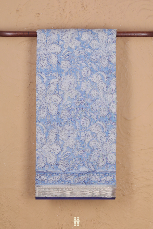 Chanderi Cotton Saree In Blue With Floral Design